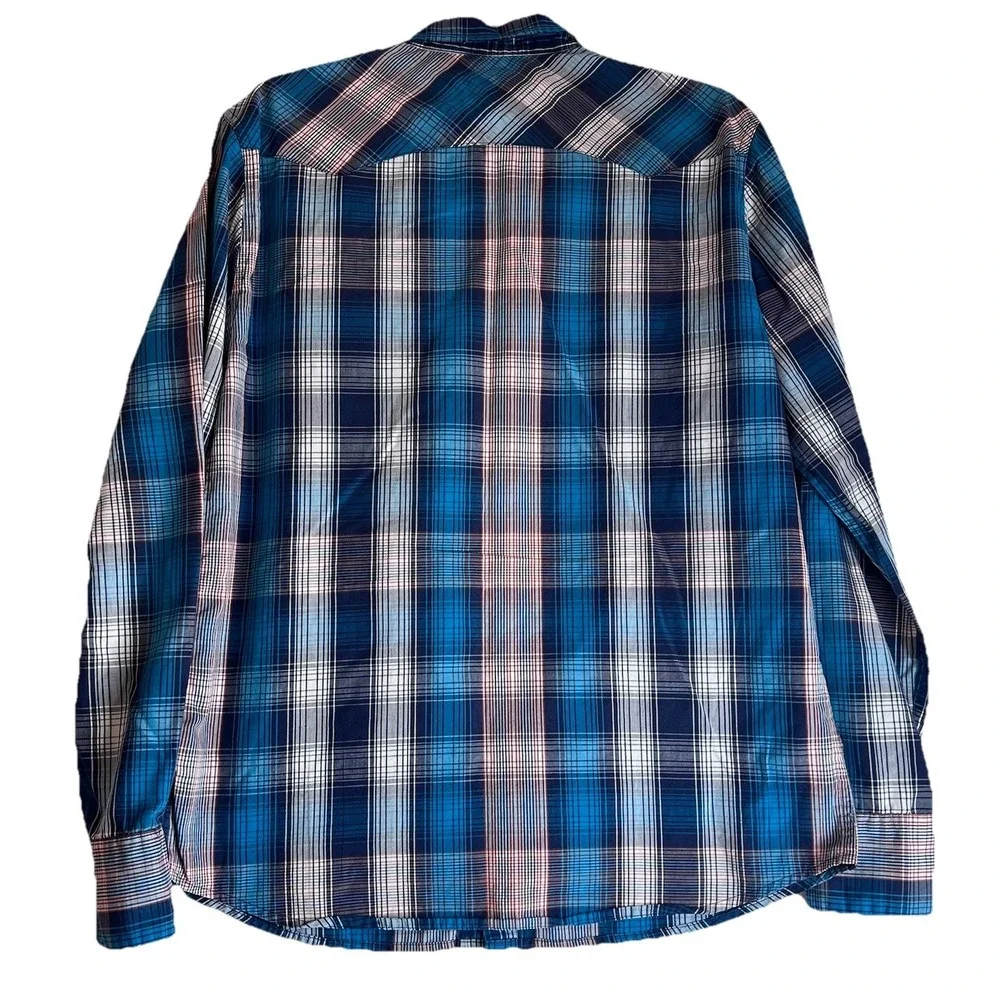 Men's Levi Western Cowboy Blue Plaid Pearl Snap Button Down M Standard Fit Shirt